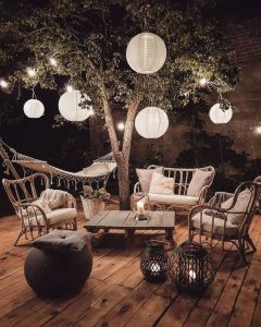 lanterns and string lights in the patio