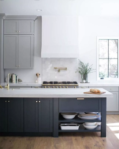 Two-toned kitchen with dark gray island