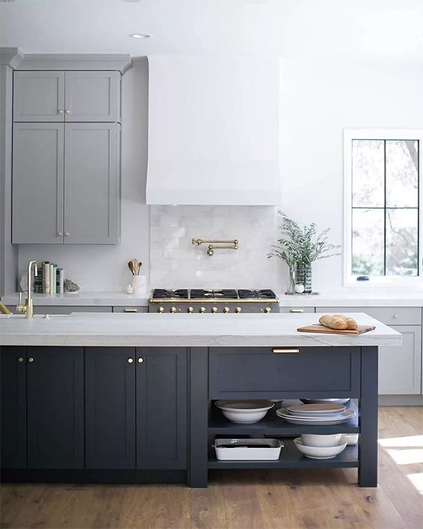 Two-toned kitchen with dark gray island