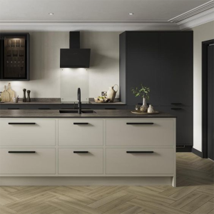 Two-toned gray kitchen with dark walls