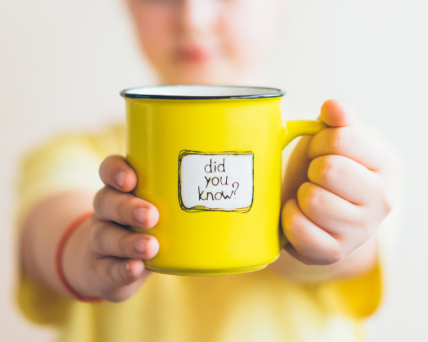 person holding a yellow mug that says "Did You Know?"