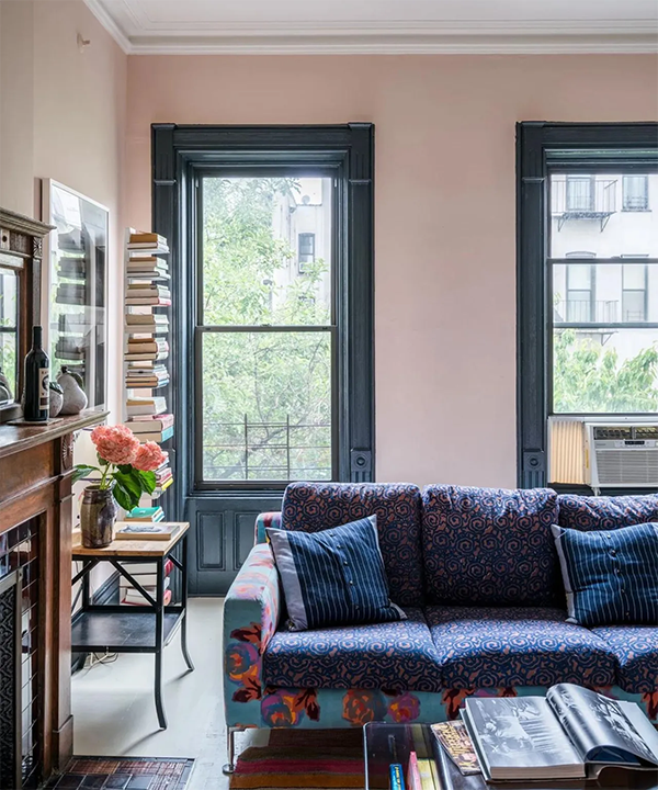 Peach Fuzz Dark Blue Living Room