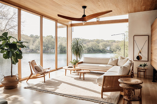 minimalist living room with a lake view