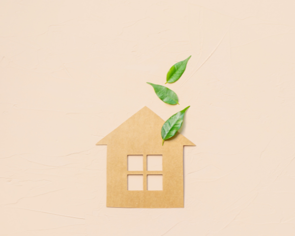 minimalist image of a paper house with leaves