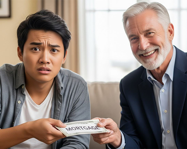 tenant handing payment to landlord looking worried