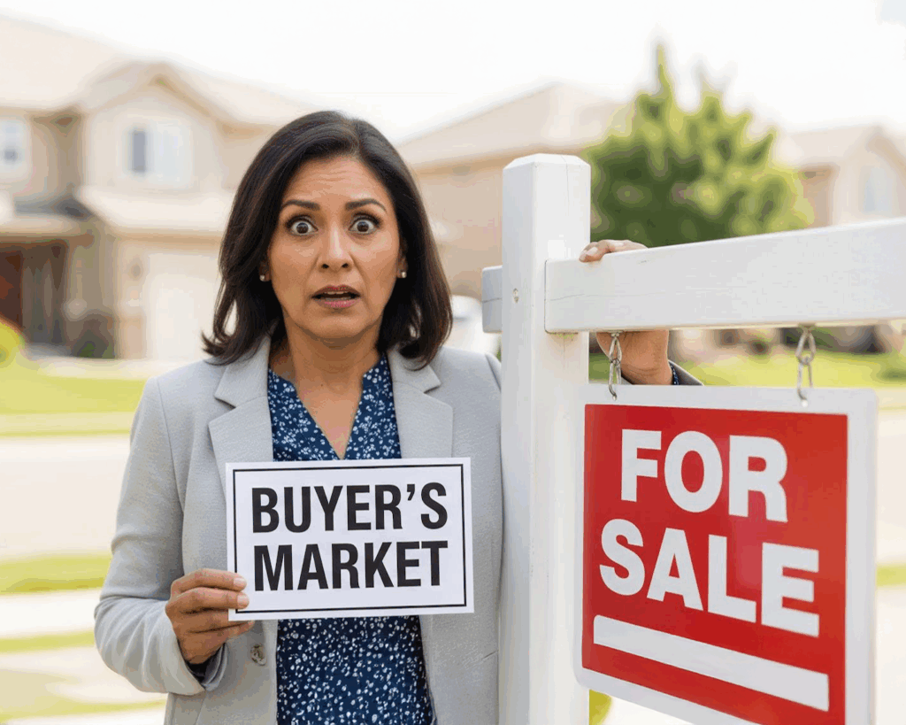 middle aged woman looking shocked holding a sign saying buyers market