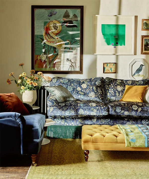 blue floral patterned sofa