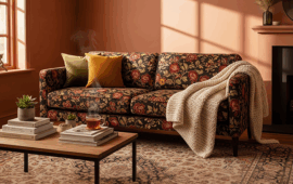 trendy bold floral patterned sofa in a cozy living room