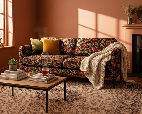 trendy bold floral patterned sofa in a cozy living room