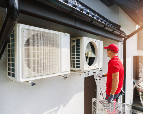 A technician in a red uniform stands on a ladder, inspecting two outdoor air conditioning units mounted on a building wall.