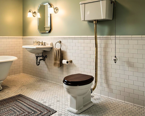 Vintage-style bathroom with a clawfoot tub, pedestal sink, and high-tank toilet. White subway tiles, hexagonal floor tiles, and soft green walls.