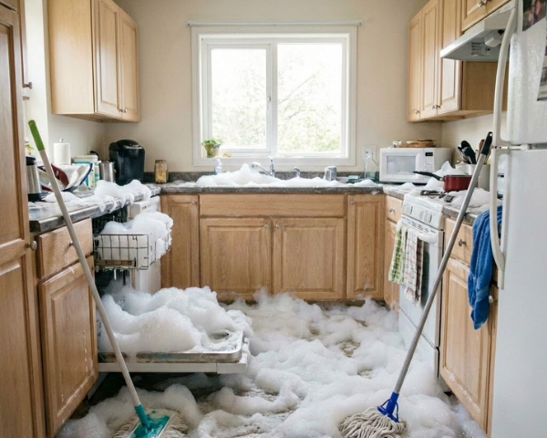 A kitchen with wooden cabinets is flooded with soapy water and foam spilling from an overflowing dishwasher. Mops leaning against counters suggest cleanup efforts.