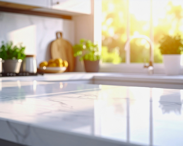 Sunlit kitchen with a glossy marble countertop, potted herbs, a wooden cutting board, and a bowl of apples near a window. Soft, warm ambiance.