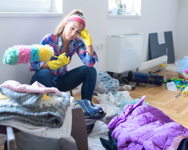 Woman in plaid shirt, wearing a headband and yellow gloves, looks overwhelmed while holding a duster amidst cluttered clothes and cleaning supplies.