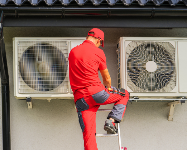 A technician in a red uniform works on two outdoor AC units, perched on a ladder against a building. The scene conveys professionalism and focus.
