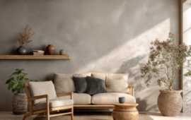 A cozy living room with a beige sofa, wooden chair, and small round table. Natural light illuminates plants and pottery, creating a serene, minimalist vibe.