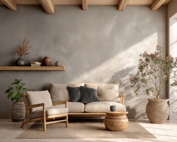 A cozy living room with a beige sofa, wooden chair, and small round table. Natural light illuminates plants and pottery, creating a serene, minimalist vibe.