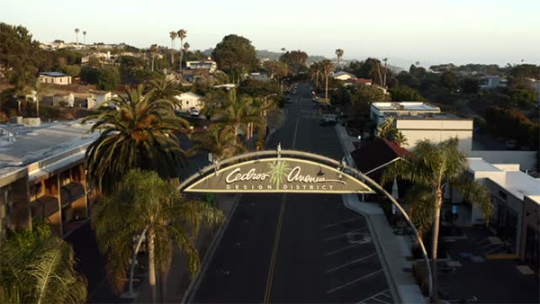 Aerial view of Cedros Avenue Design District entrance arch, lined with palm trees and buildings at sunset, conveying a calm, picturesque vibe.