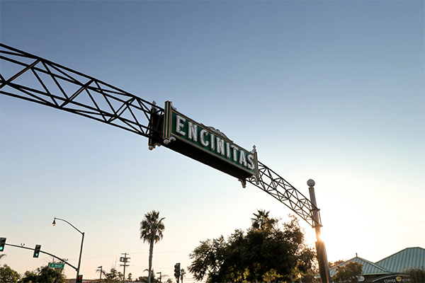 The 101 Strip in Encinitas Street sign reading ENCINITAS arches over a road at sunset. Silhouetted palm trees and clear sky create a serene, coastal atmosphere.