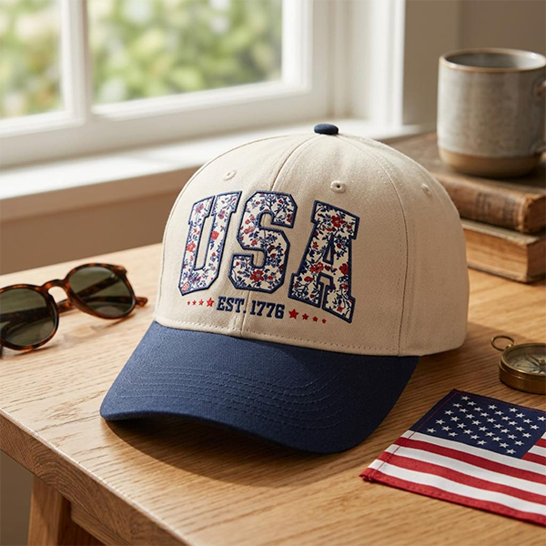 A beige baseball cap with USA in floral letters and EST. 1776 on the front. It's on a wooden table with sunglasses, a mug, and a small American flag nearby. Bright, sunny scene. A beige baseball cap with USA in floral letters and EST. 1776 on the front. It's on a wooden table with sunglasses, a mug, and a small American flag nearby. Bright, sunny scene.