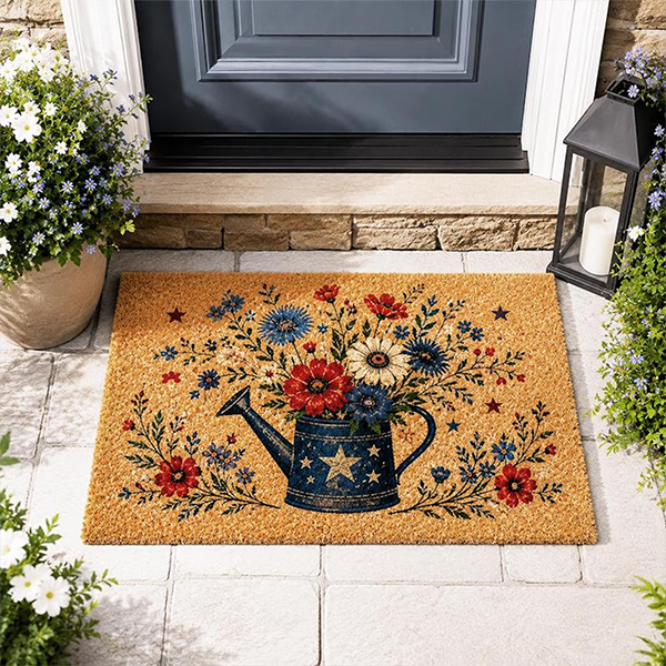 A colorful doormat with a watering can design filled with red, white, and blue flowers is placed at a doorstep, surrounded by potted plants and a lantern. A colorful doormat with a watering can design filled with red, white, and blue flowers is placed at a doorstep, surrounded by potted plants and a lantern.