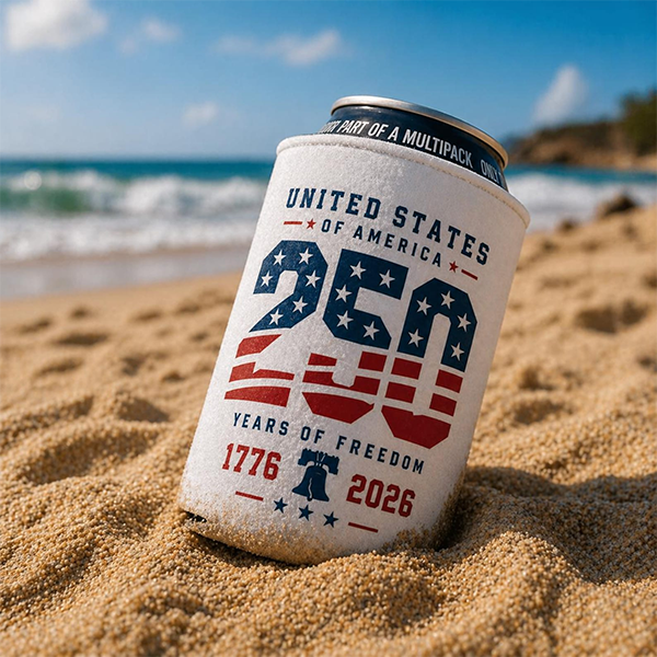 A drink can in a USA-themed koozie celebrating 250 years of freedom rests on a sandy beach, with waves and blue sky in the background. A drink can in a USA-themed koozie celebrating 250 years of freedom rests on a sandy beach, with waves and blue sky in the background.