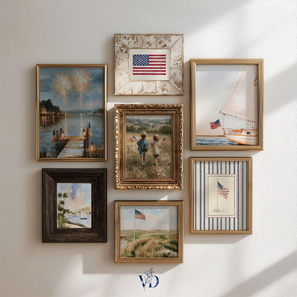 A gallery wall displays six framed artworks featuring American flags, children in a field, fireworks over water, and a sailboat. The mood is patriotic and serene. A gallery wall displays six framed artworks featuring American flags, children in a field, fireworks over water, and a sailboat. The mood is patriotic and serene.