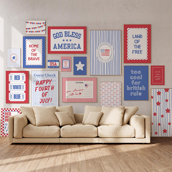 Festive living room with a beige sofa and various patriotic wall art in red, white, and blue. Themes include God Bless America and Happy Fourth of July. Festive living room with a beige sofa and various patriotic wall art in red, white, and blue. Themes include God Bless America and Happy Fourth of July.