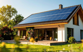 Solar panels cover the roof of a modern white house surrounded by a lush garden. Bright sunlight highlights the eco-friendly, serene setting.