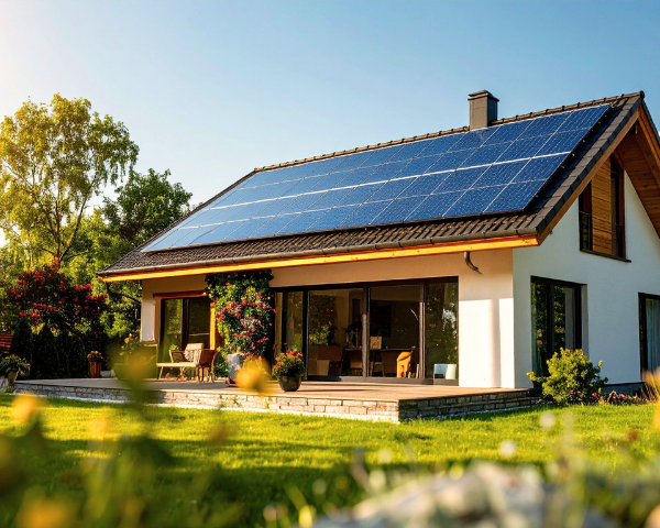 Solar panels cover the roof of a modern white house surrounded by a lush garden. Bright sunlight highlights the eco-friendly, serene setting.