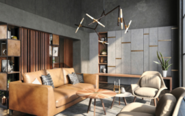 Modern industrial living room with tan leather sofa, sculptural chairs, wood coffee table, pendant lights, plants, and warm sunlight.