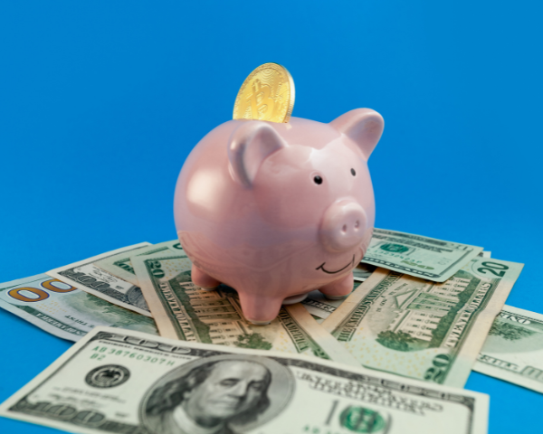 Pink piggy with a coin on its back stands on scattered U.S. dollar bills, symbolizing savings, money management, and financial security.