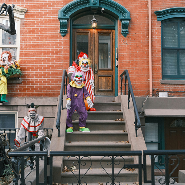 Three menacing clowns in colorful costumes and grotesque masks pose on the steps of a red-brick building, creating an eerie Halloween scene.