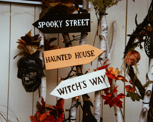 Rustic Halloween signpost reads “Spooky Street,” “Haunted House,” and “Witch’s Way,” amid birch branches, red leaves, and a skull mask.